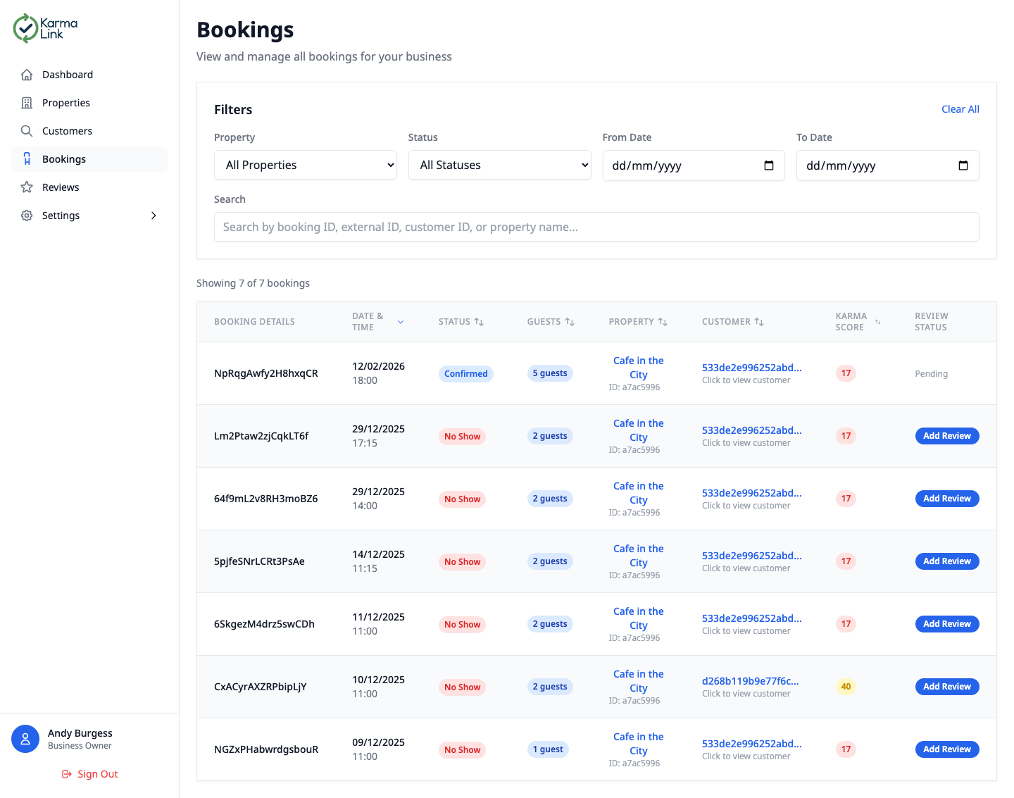 KarmaLink bookings page showing a filterable table of bookings with status, guest count, property, karma scores, and review status