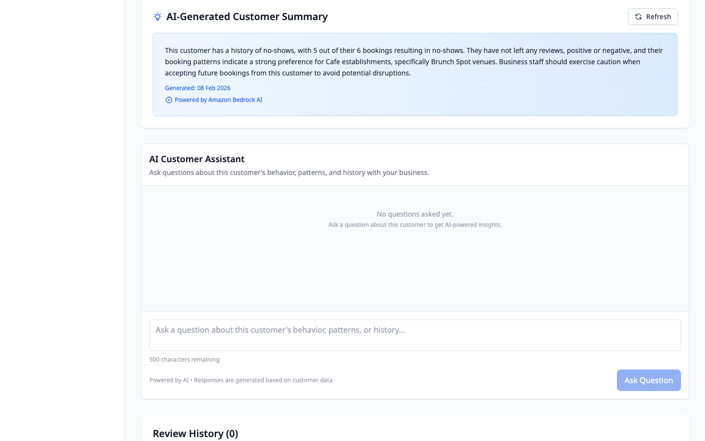 KarmaLink AI-generated customer summary powered by Amazon Bedrock, with AI Customer Assistant for asking questions about customer behaviour