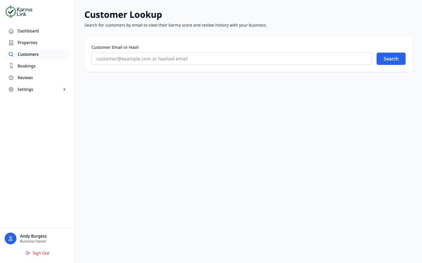 KarmaLink customer lookup page with search field for entering a customer email address or SHA-256 hash to retrieve their karma score and history