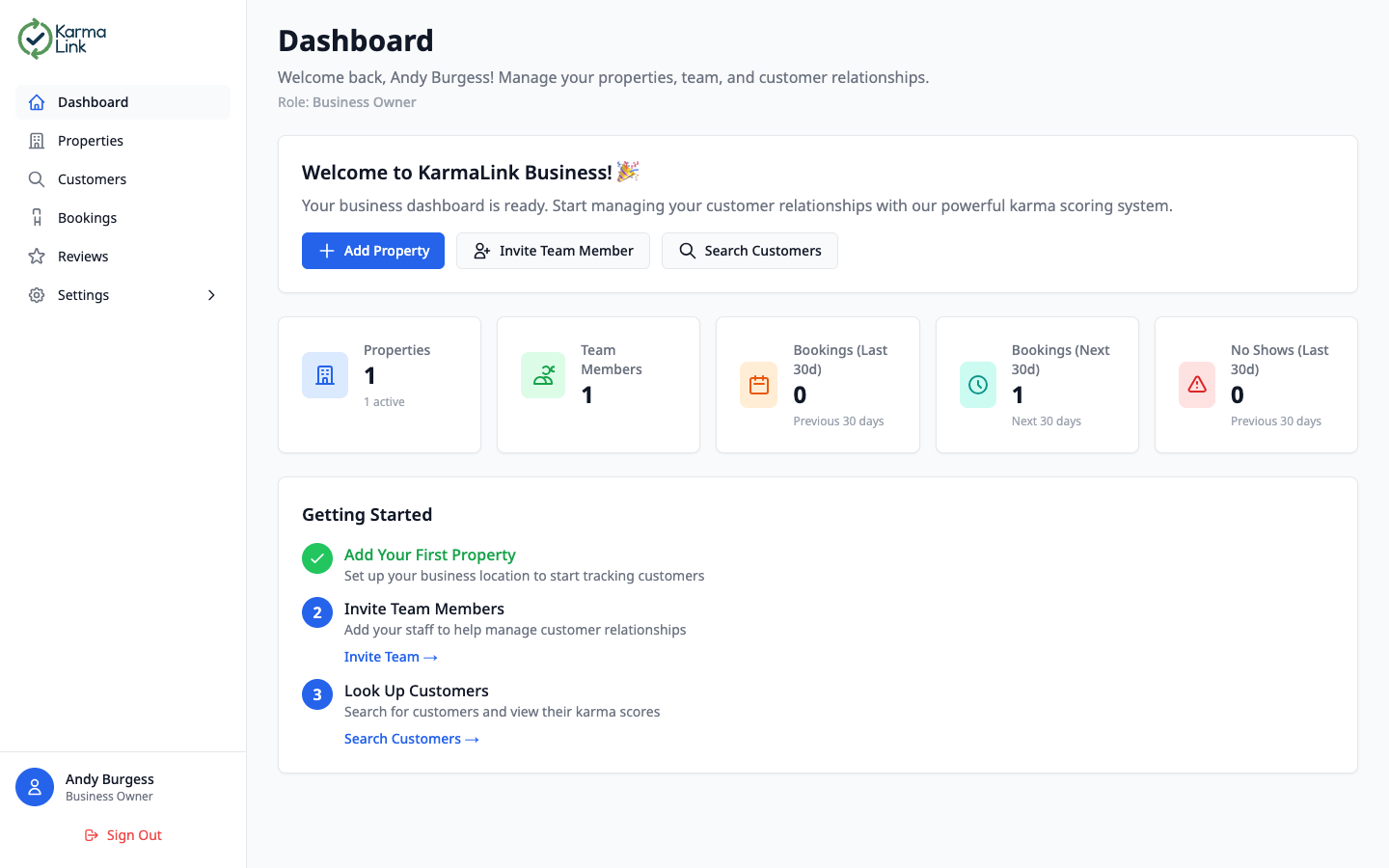 KarmaLink business dashboard showing property count, team members, booking statistics, and getting started guide