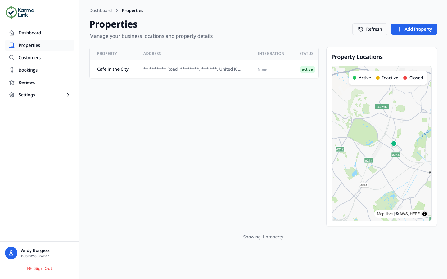 KarmaLink properties page showing a list of properties with addresses, integration status, and a map view