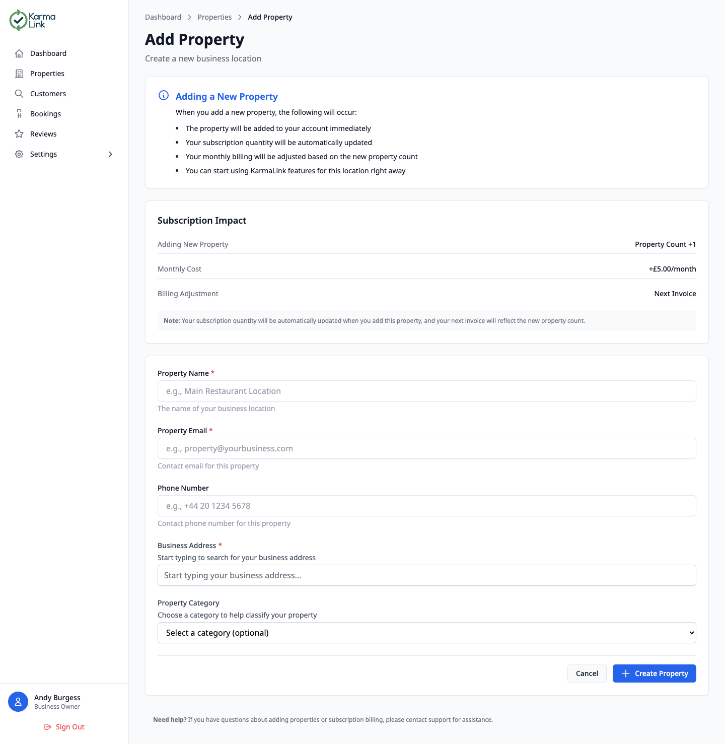 KarmaLink add property form showing fields for property name, email, phone, address, and category