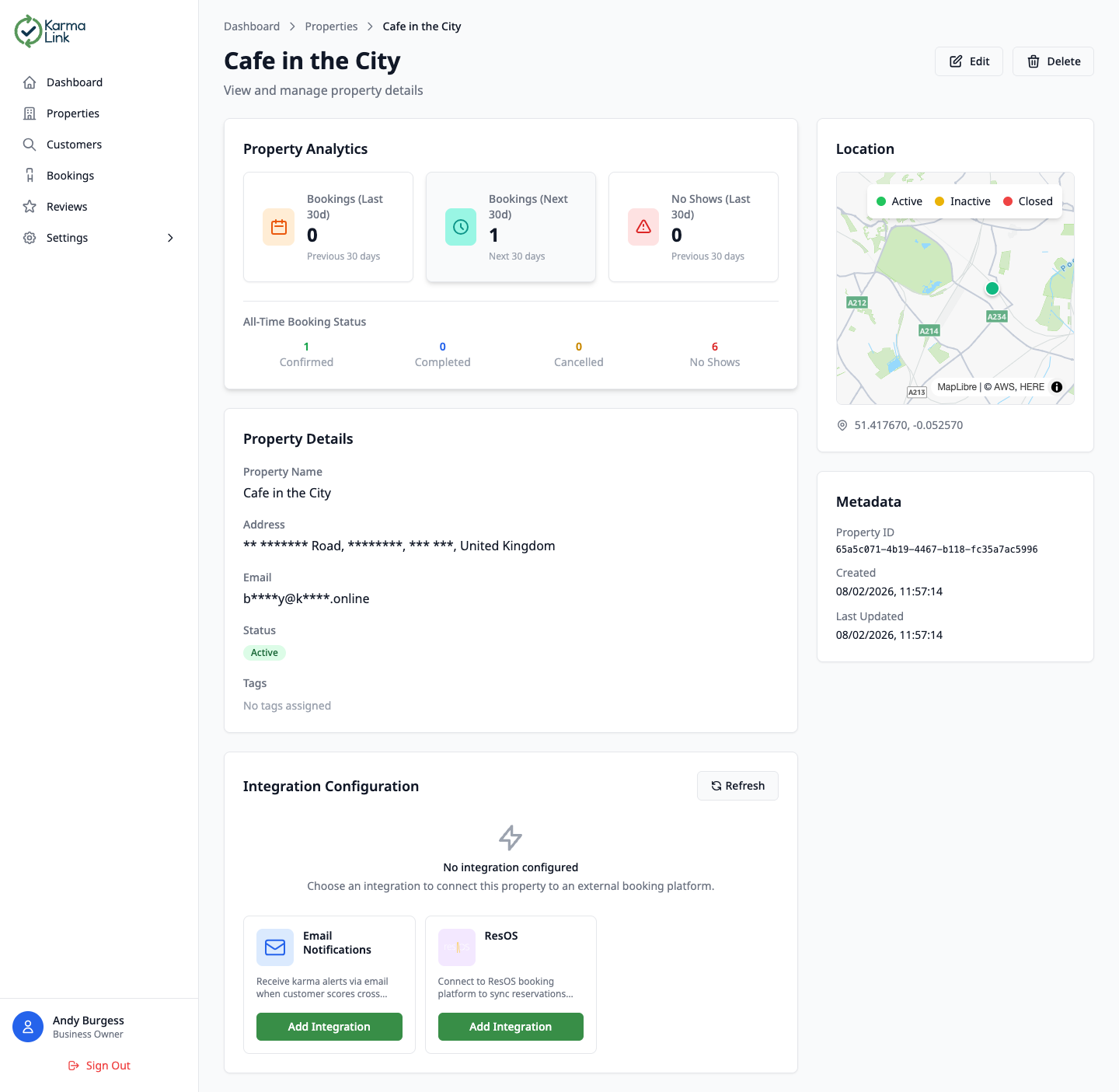 KarmaLink property detail page showing analytics, property details, location map, metadata, and integration configuration