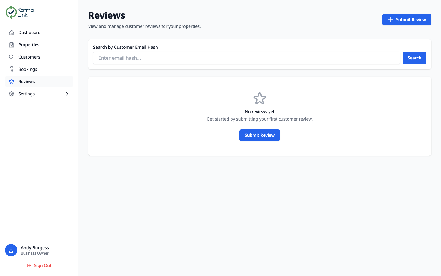 KarmaLink reviews page showing a filterable table of customer reviews with sentiment type, rating, property, date, and a submit review button