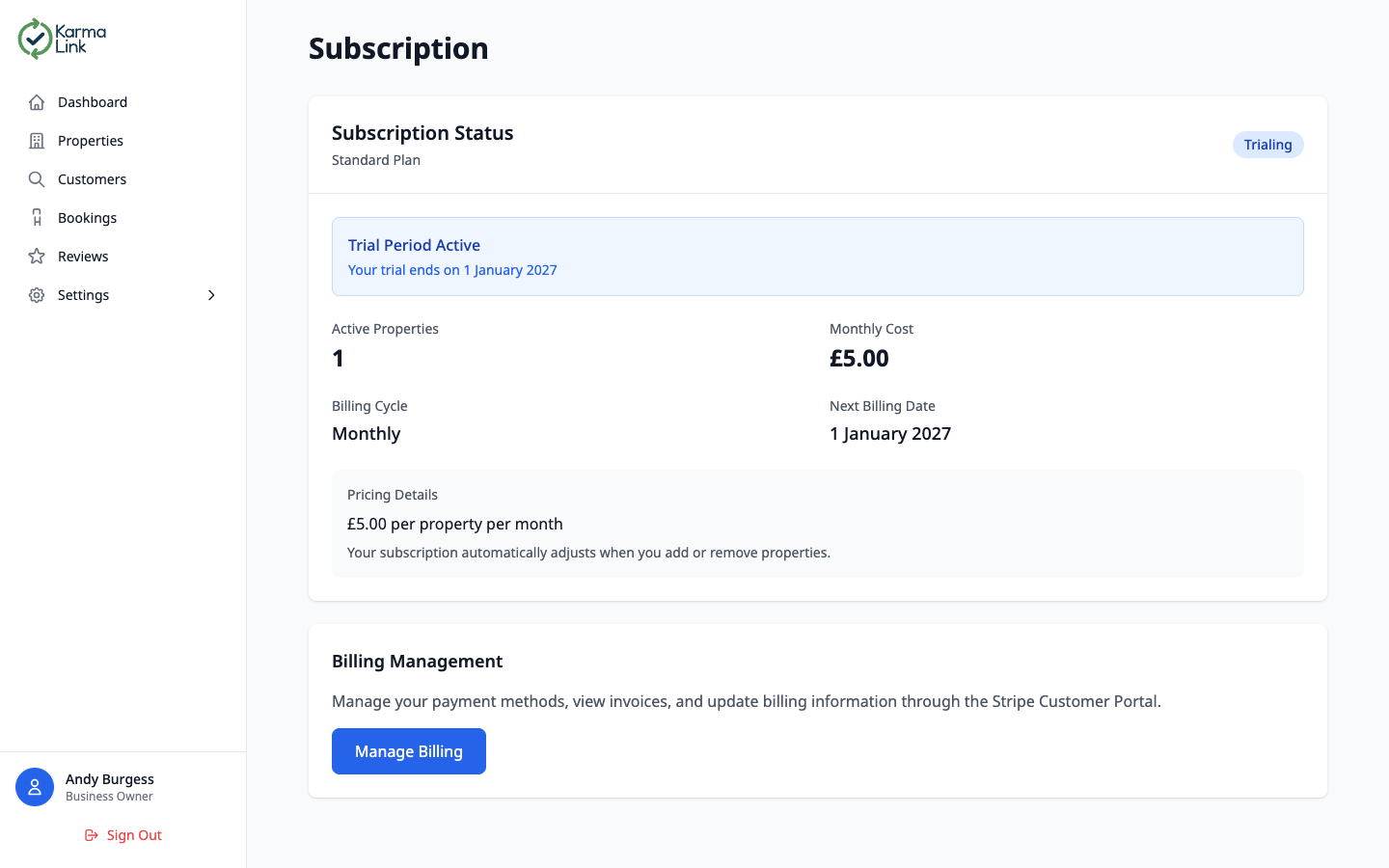 KarmaLink subscription page showing trial status, pricing details, and billing management