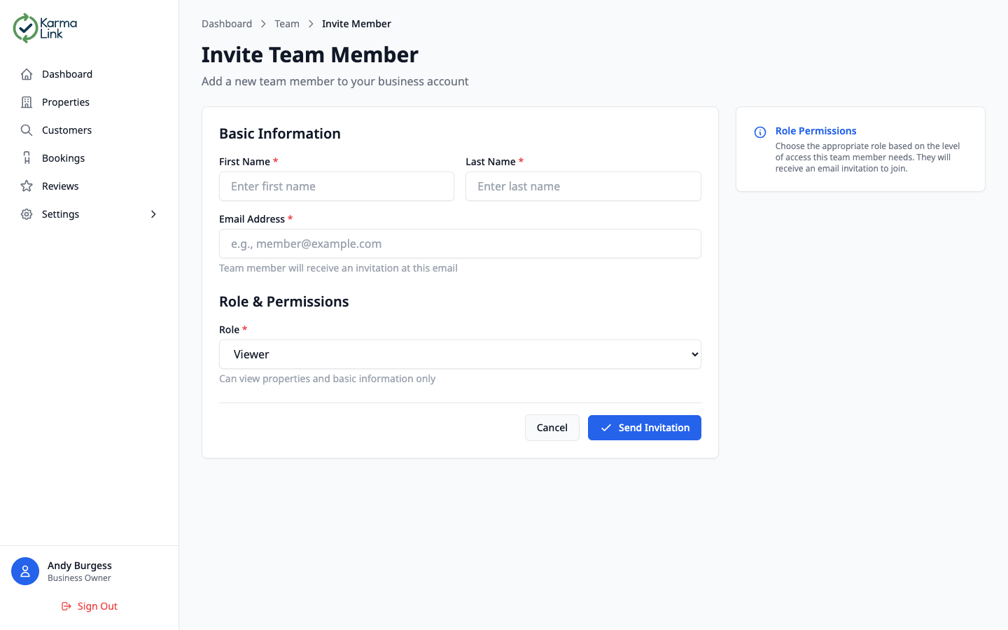KarmaLink invite team member form with fields for name, email, and role selection